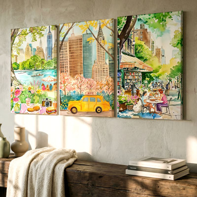 3 Pieces Colorful New York City Large Wall Art Featuring Urban Landscapes, Three Pieces Wall Art for Living Room, Bedroom, Office, and Home Decor