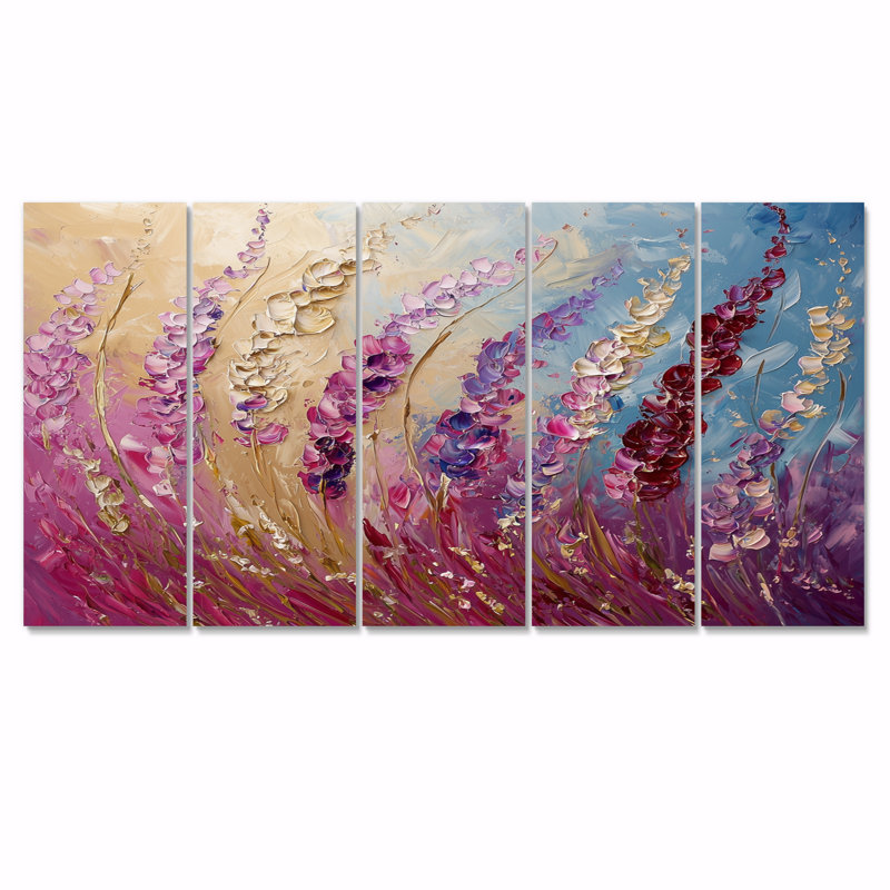 Fleurs violettes, beauté sauvage, déplié I - art mural violettes - ensemble d'art mural traditionnel 5 pièces