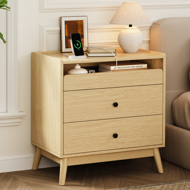 3 - Drawer Nightstand, 24“ W Wood Bedside Table With Built-In Outlets And Solid Wood Legs, Ntuatral Wood, Individual