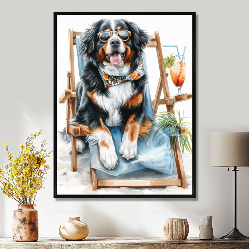 Bouvier bernois assis au bord de la plage - art mural chien, H 32 po x l 24 po x P 1 po, Toile avec cadre flottant noir