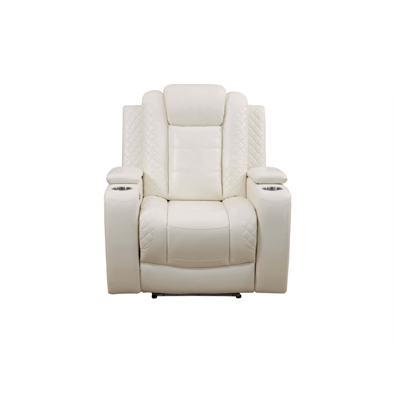 Softaura White Vegan Leather Power Reclining 3-Piece Living Room Sofa Set With LED Lights,USB&Wireless Charging, Storage Console And Cup Holders