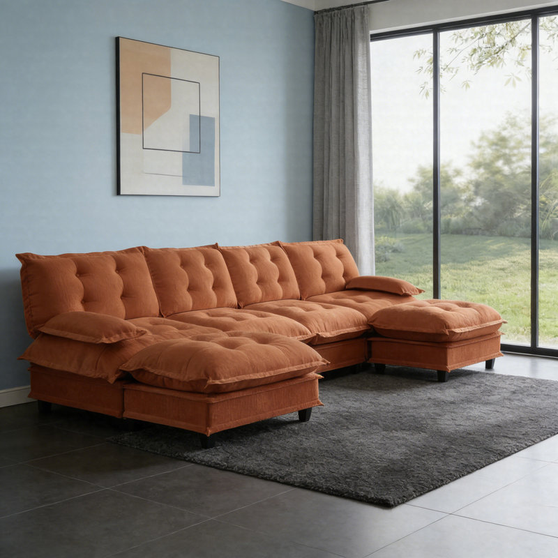 Canapé modulaire surdimensionné de 138 pouces, canapé modulaire 4 places avec 2 repose-pieds, canapé en chenille moderne avec coussins en treillis confortables pour le salon