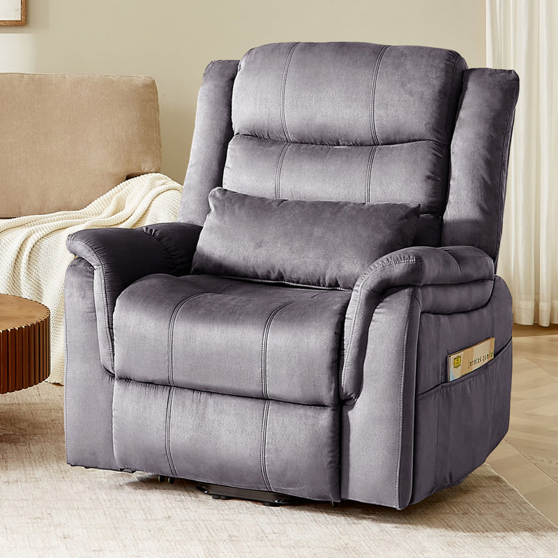 37 In. W Microfiber Power Lift Recliner Chair With 8-Point Massage, Heating, Storage Pockets, And Removable Pillow, Gray