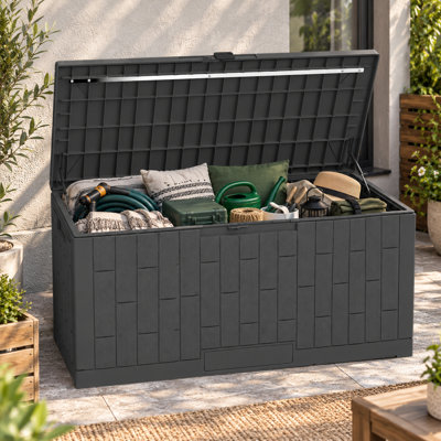 120 gallon waterproof resin outdoor storage box, patio deck box for cushions and pool toys