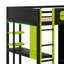 Lit mezzanine de jeu double avec bureau et garde-robe ouvert, structure en bois avec zones de rangement et éclairage intégré-207929671