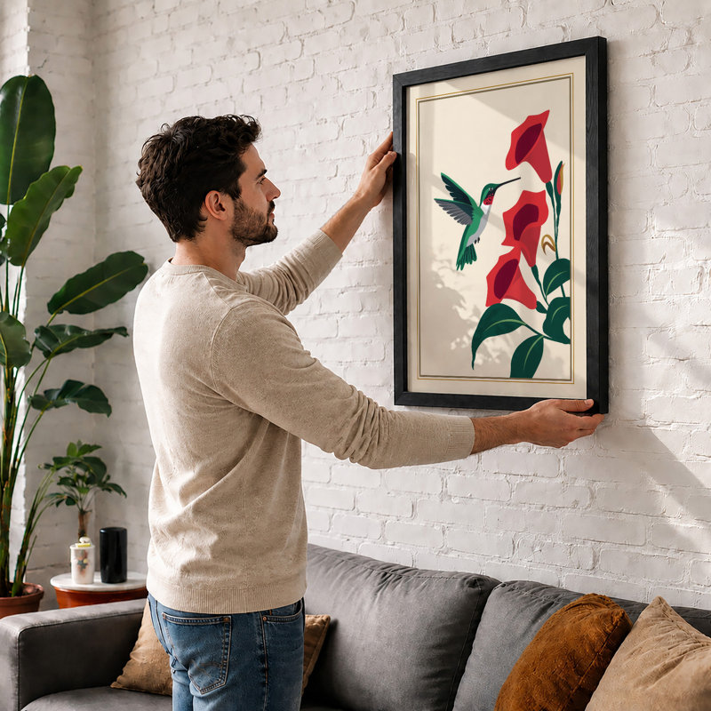 Hummingbird and Trumpets Botanical - Framed Print, A2 - 59.4 x 42.0 cm, Oak
