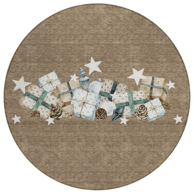 Machine Washable Indoor/Outdoor Christmas Presents Xhevrie Brown Rug