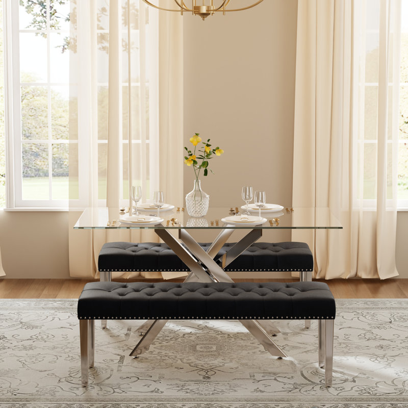 Ensemble de salle à manger moderne avec banc Hoggan, H 29,5 po x l 51 po x P 29,5 po, Black, Gold