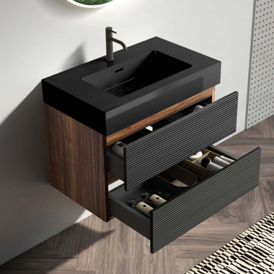 Meuble-lavabo 30 po avec lavabo à quartz mat et tiroirs souples, meuble-lavabo mural flottant pour salle de bain moderne, lavabo une pièce mat
