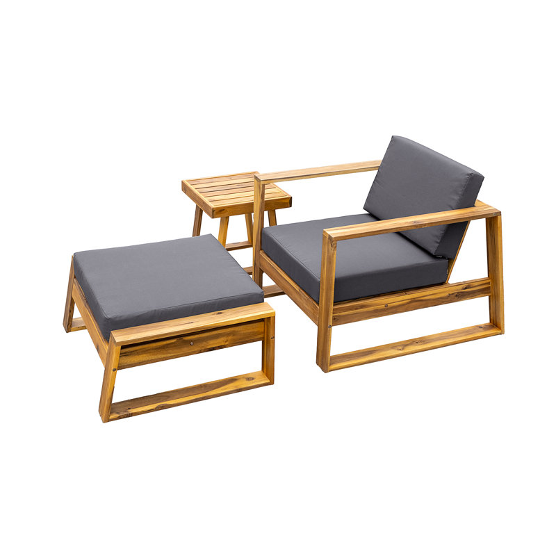 Acacia Wood Outdoor Lounge Set - Chair And Ottoman With Removable Cushions, Gray