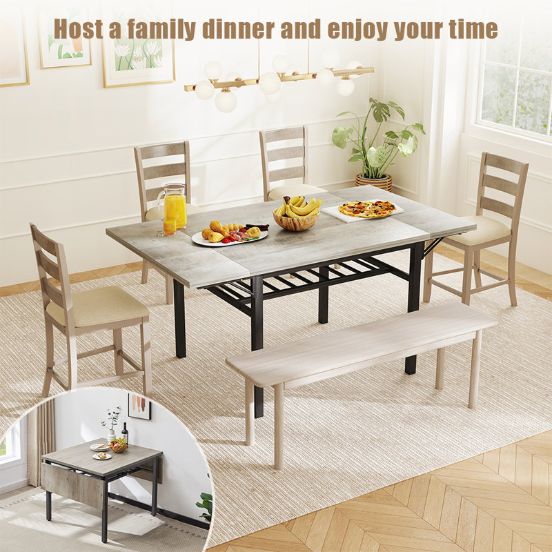 Foldable Dining Table For 2-6, Drop Tables For Small Spaces, Extendable Dining Room Table, Gray