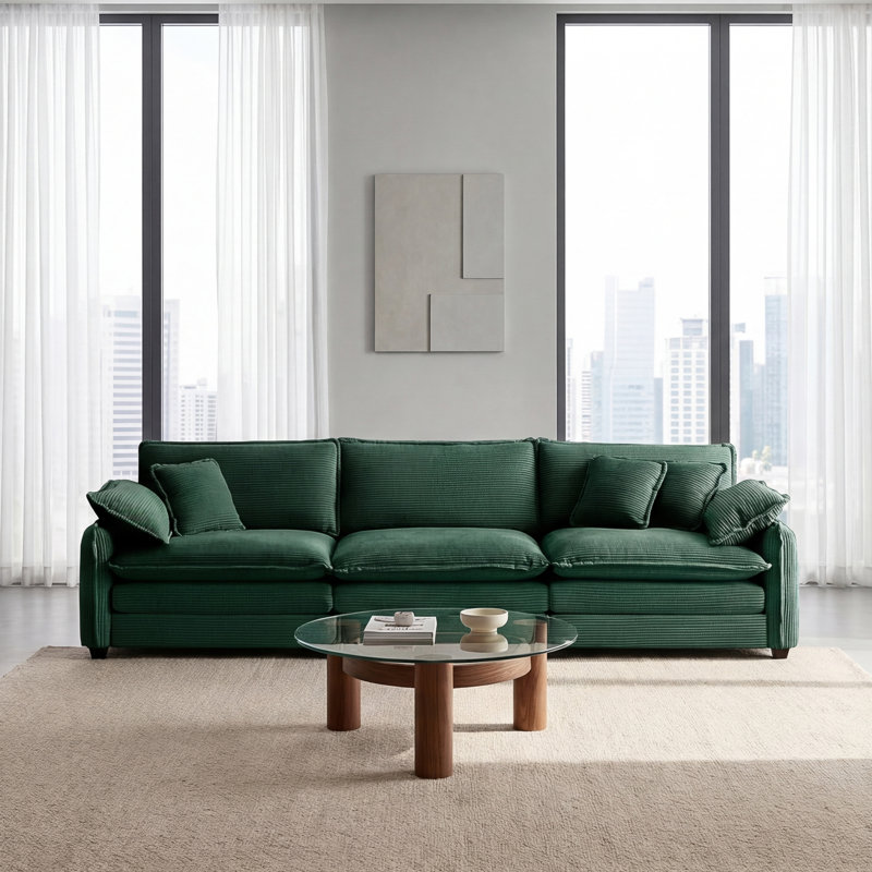 Mid-century Modern 3-seater Sectional Sofa With 2 Arm Pillows And 3 Throw Pillows, Green