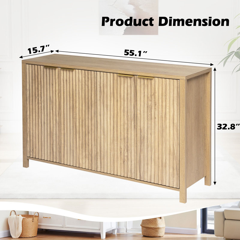 Buffet cannelé cannelé avec rangement, grande armoire d'appoint en bois de 55 po avec tablettes réglables et 4 portes