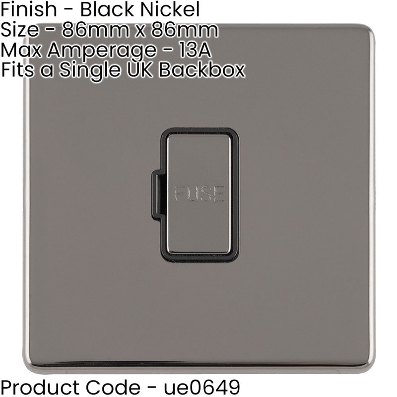 2 PACK 1 Gang 13A Unswitched Fuse Spur SCREWLESS BLACK NICKEL Mains Isolation, Black, Satin Black