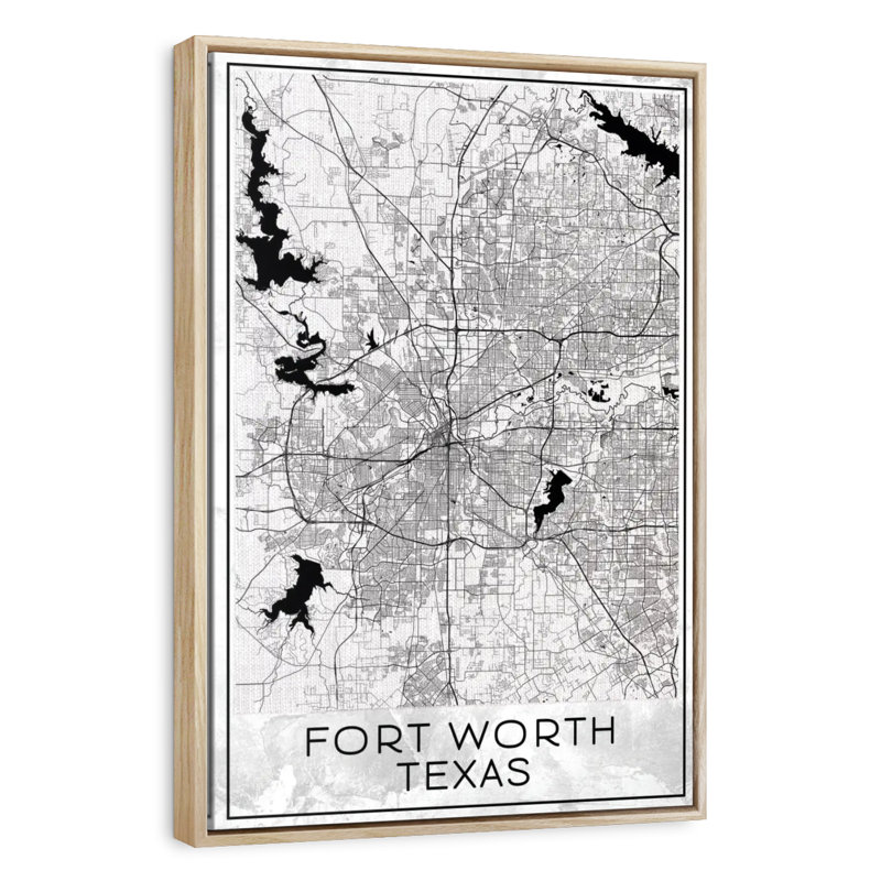 Fort Worth City Map, Floating Frame Natural Wood, 31" x 46"