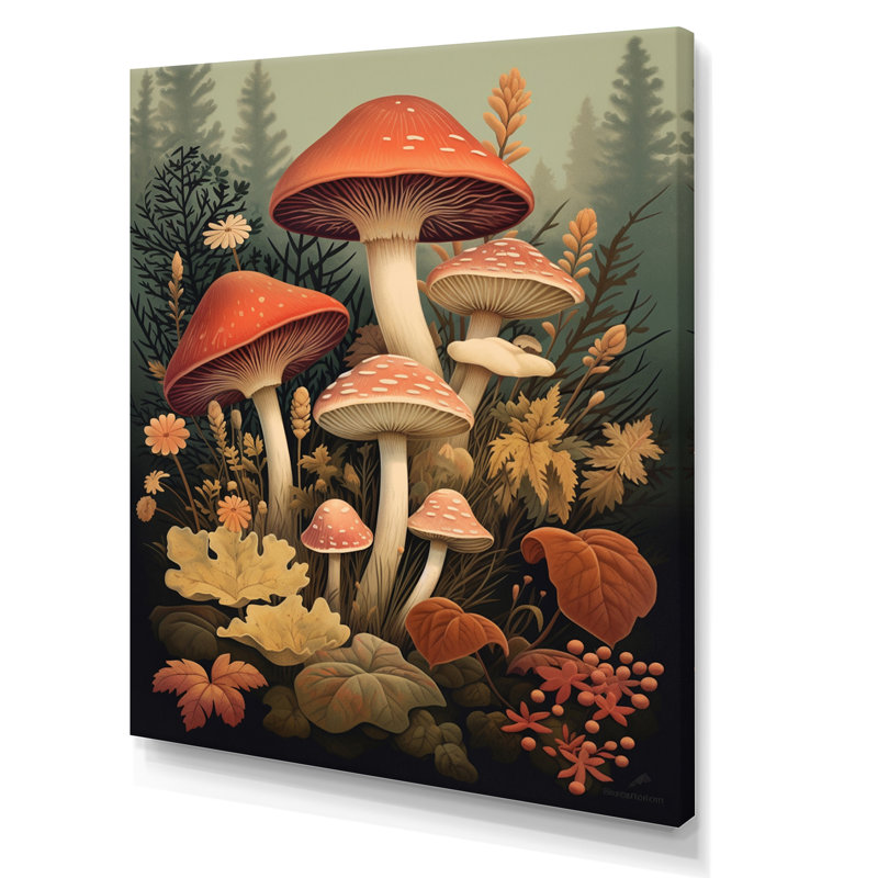 Champignons d'automne en forêt, illustration rétro I, Toile tendue, H 32 po x l 24 po x P 1 po