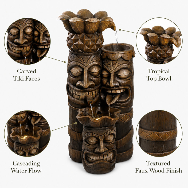 Fontaine cascade Tiki Head 15,0 x 14,6 x 29,5 pouces en résine brun rougeâtre