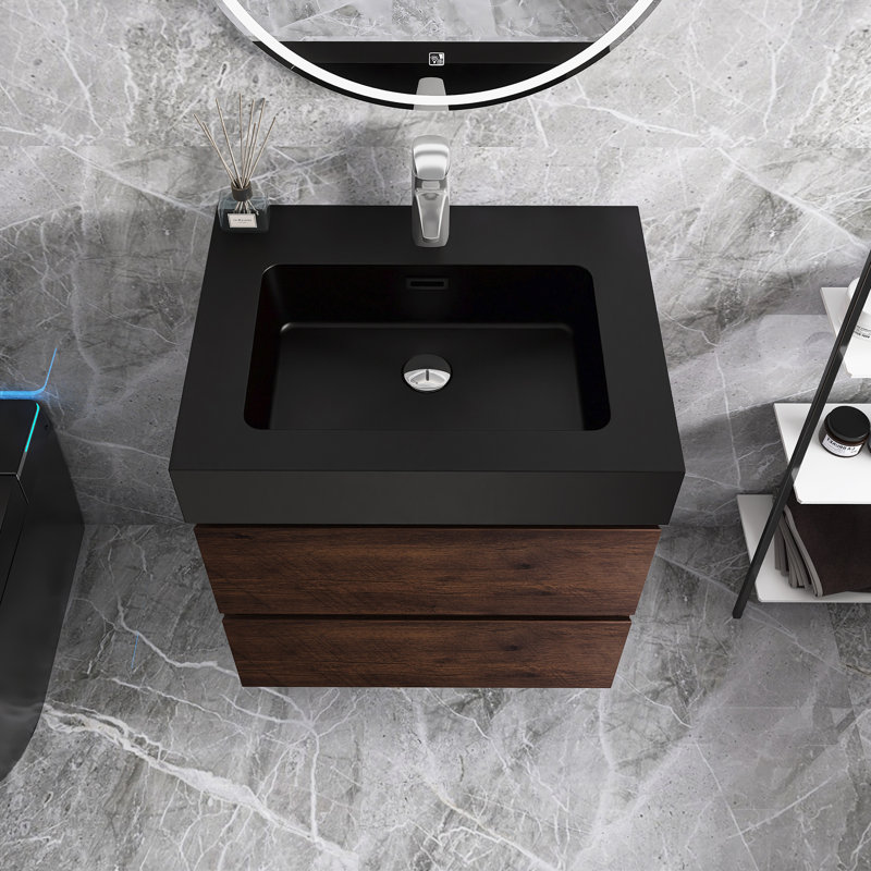 24" Single Sink Wall Mounted Bathroom Vanity with Top, Walnut