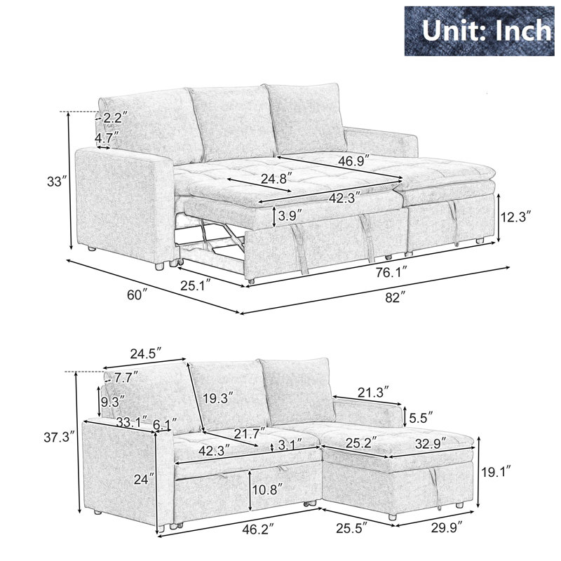 Upholstered Sleeper Sofa, Blue Polyester 