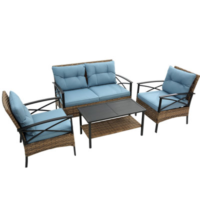 4 Piece Patio Sectional Low Dining - Blue With Thick Cushions And Elegant Side Table Outdoor Comfortable Steel
