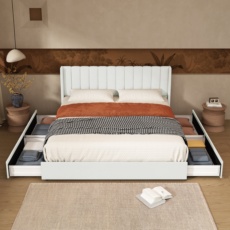 Jeilyn Upholstered Platform Drawer Storage Bed, King, White