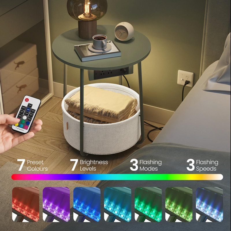 End Table With Charging Station, Led Light, Forest Green