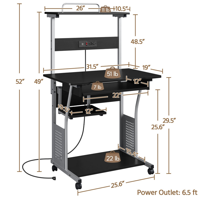 Ulloa Metal Base Computer Desk with Power Outlet, Black/Gray