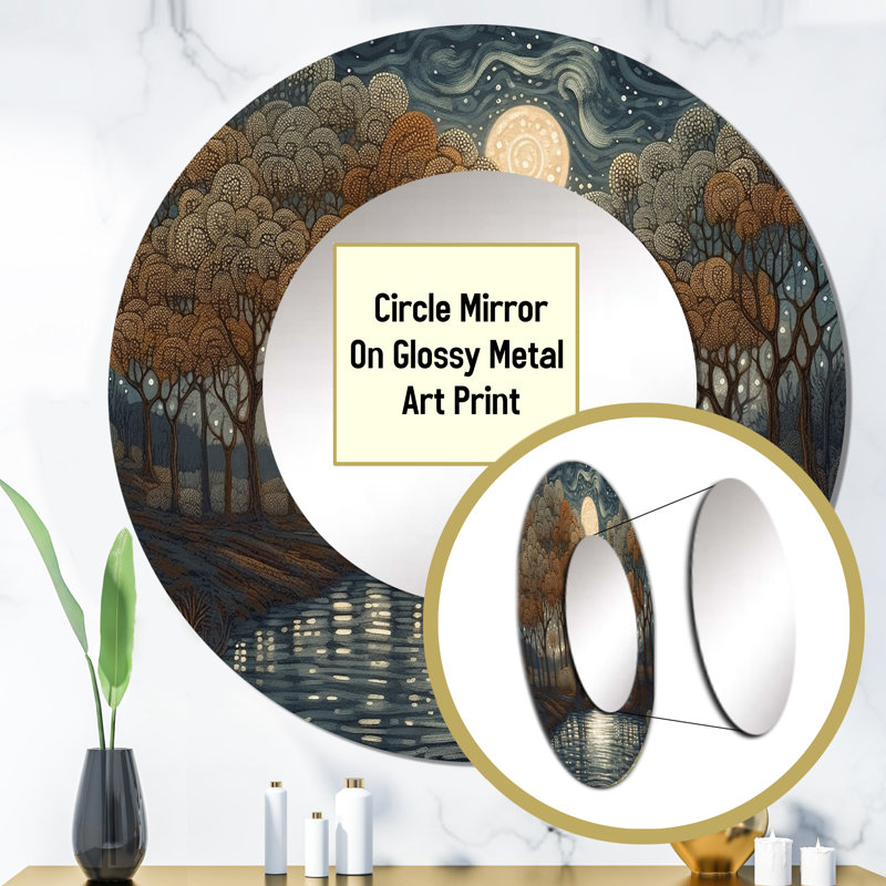 Pashia Blue And Brown Drama Of A Stormy Night City - City Art Deco Decorative Mirror, Blue Round Wall Mirror, Printed Metal Art