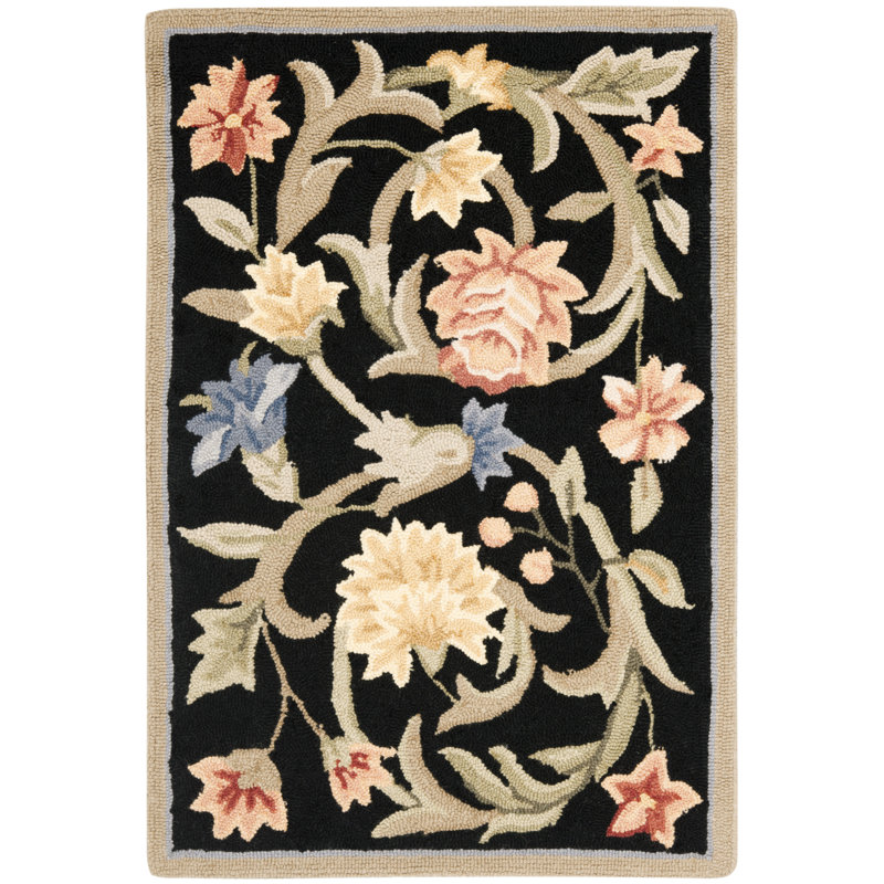 Hollander Floral Handmade Hooked Wool Black/Beige Area Rug, Rectangle 1'8" x 2'6"