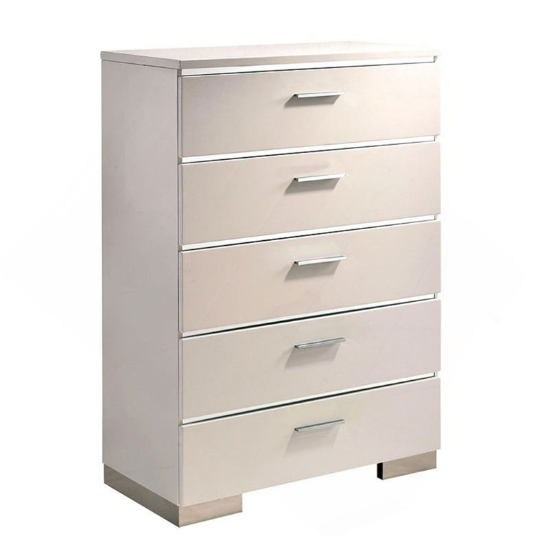 Commode 1 pièce à 5 tiroirs de style contemporain avec accents chromés à revêtement ultrabrillant