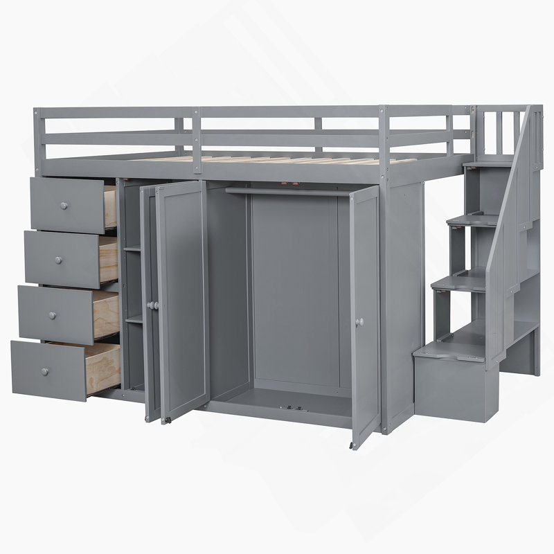 Kellsea Wood Loft Bed With Built-In Wardrobescabinets And Drawers, Grey