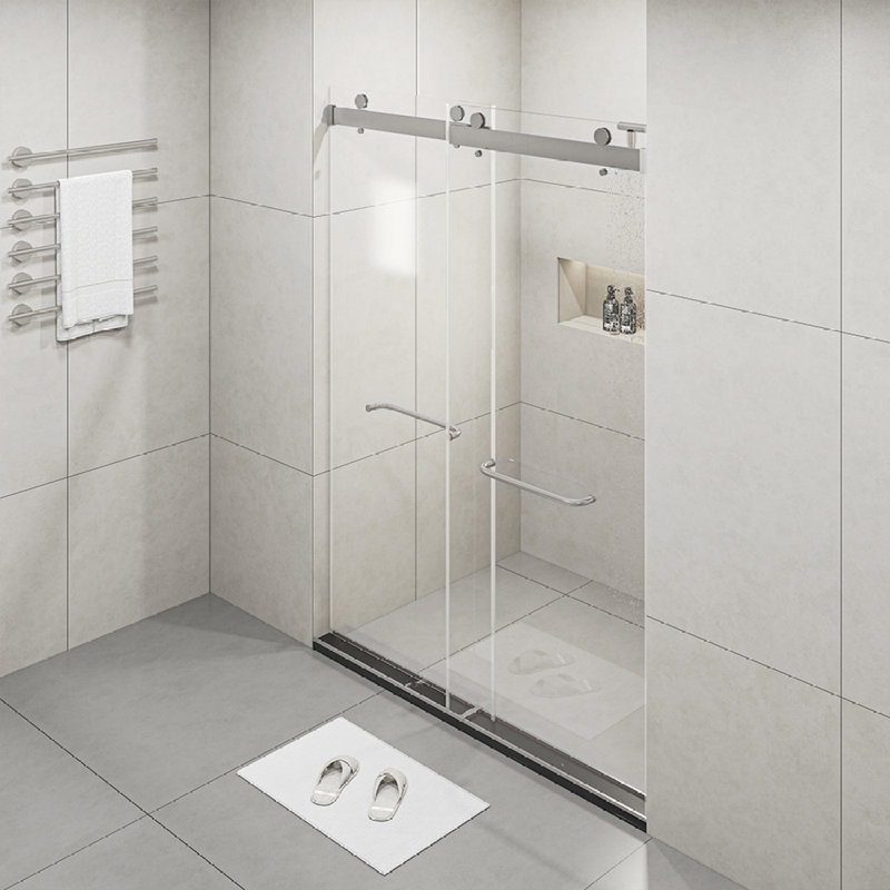 Frameless 60" Clear Glass Sliding Shower Doors with Brushed Nickel Finish