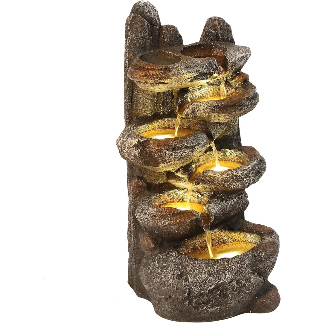 6-Tier Cascading Rock Water Fountain Outdoor Garden Waterfall with Lights Millwood Pines