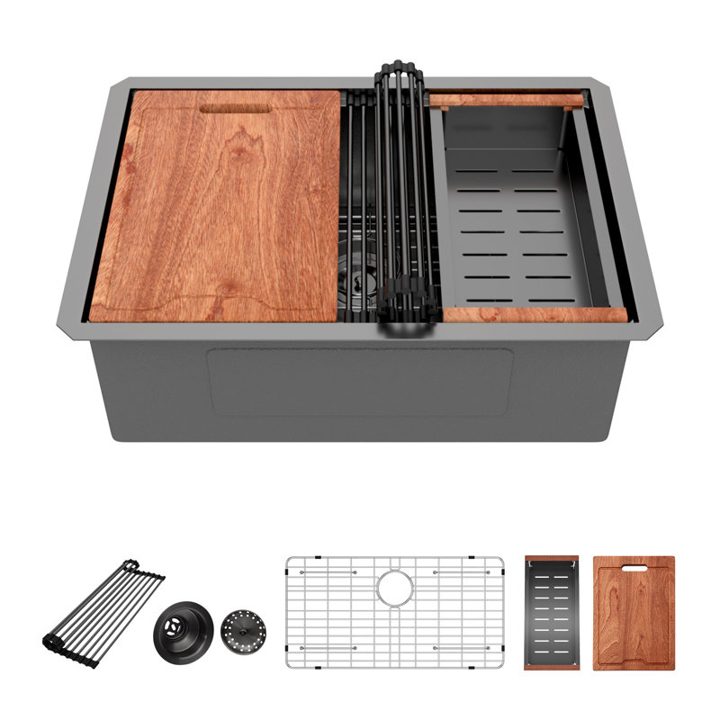 28" L x 18" W Undermount Kitchen Sink Workstation Single Bowl, Black, 28" L x 18" W