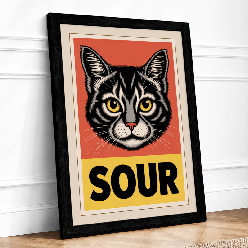 Sour Cat Retro - Framed Print, A3 - 42.0 x 29.7 cm, Black