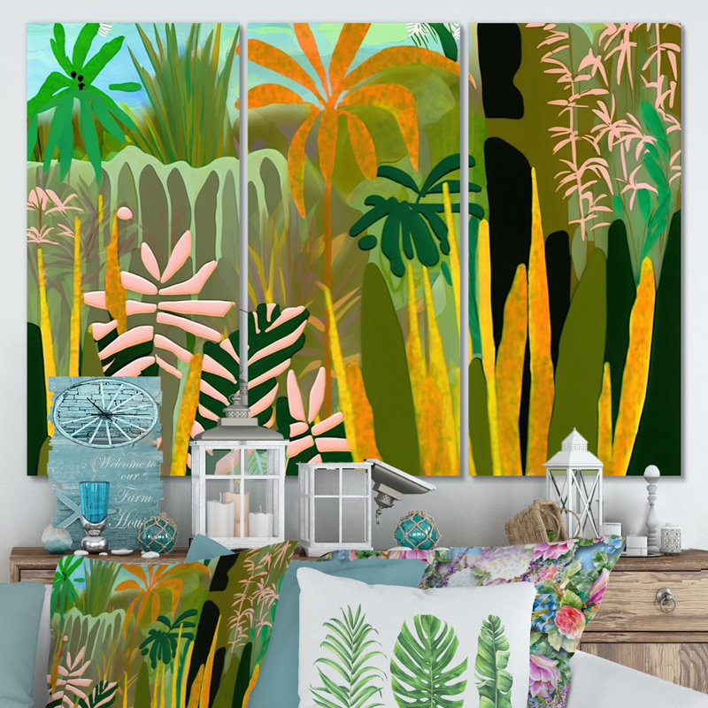 «Blossoming And Vibrant Jungle Flora III», reproduction sur toile 3 pièces, H 20 po x l 36 po x P 1 po, Toile tendue