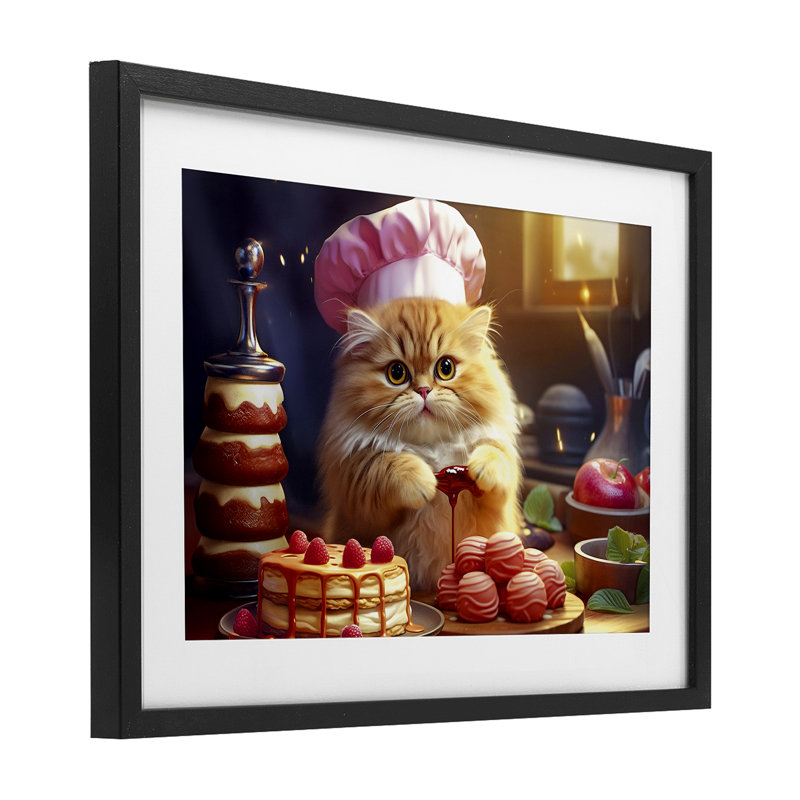 «Fluffy Baker Cat», reproduction encadrée sous verre, design par Image World, H 14 po x l 20 po, Cadre noir minuit