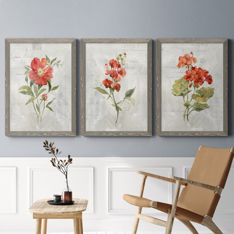 Lin géranium - ensemble de 3 impressions sur toile encadrées, H 20 po x l 51 po x P 1,5 po, gris