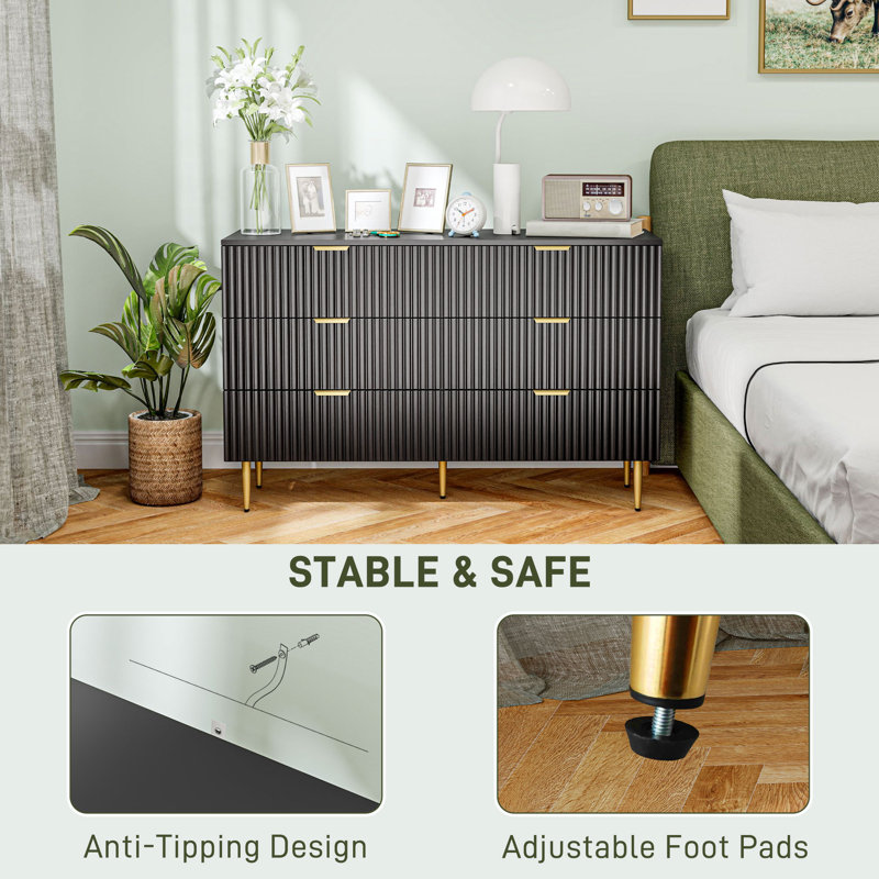 Commode 6 tiroirs pour commode de chambre à coucher Poignées et pieds dorés, Noir, noir, noir, noir