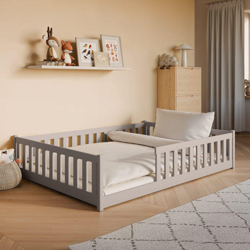 Montessori Wooden Bed Mati EU Double – Floor-Hugging Pine, Secure Guardrail Frame & Slat Kit Included, Cashmere