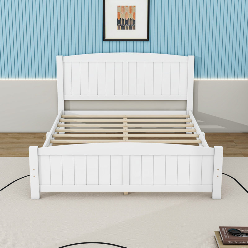 Lit plateforme en bois avec tête de lit et pieds centraux, Double, Blanc
