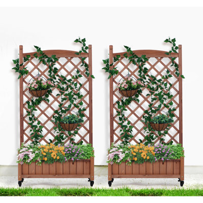 Lot de 2 bacs à plantes surélevés avec treillis - Jardinière d'extérieur en bois et support pour plantes - Montage rapide en 30 minutes - Revêtement pour plantes - Treillis réglable à 3 niveaux en bois pour l'intérieur et le jardin - Treillis brun - Procédure d'escalade facile en 30 minutes