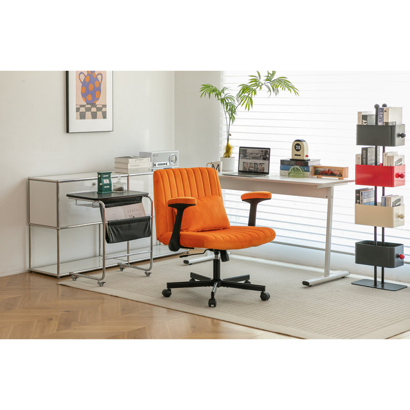 Fauteuil de bureau moderne orange, roues, jeux, maquillage, rembourrage en mousse à mémoire de forme, sièges ergonomiques, espaces de travail à réglage de l'inclinaison, revêtement en lin doux, rotation à 360 degrés, fonction