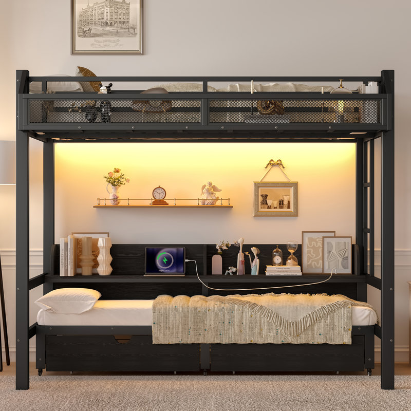 Twin XL over Twin XL Metal Bunk Bed with Storage Shelves & Drawers, USB Ports, LED Lights & Convertible Sofa – Black, Black