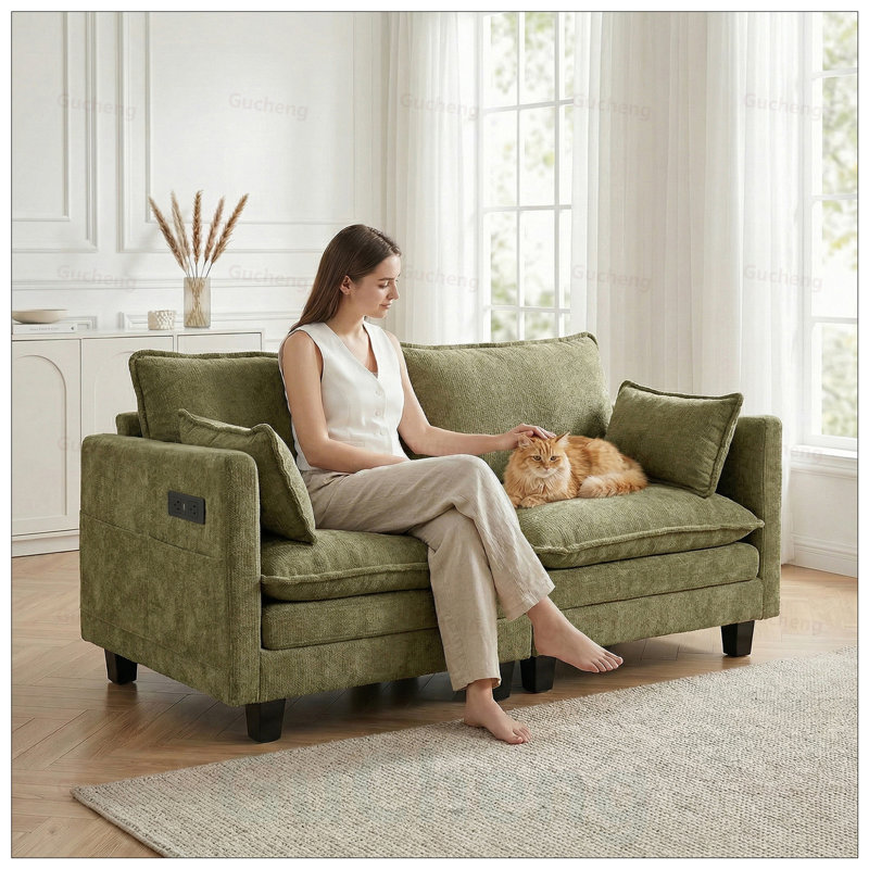 Canapé moderne en chenille, canapé compact à 2 places avec deux ports de chargement USB et poches latérales, idéal pour les petits espaces