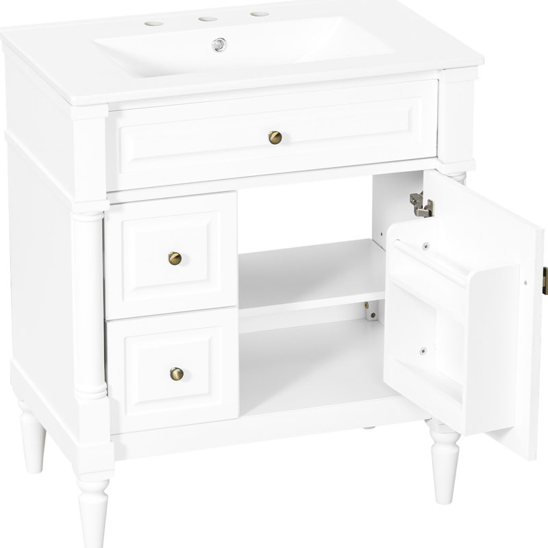 Meuble-lavabo blanc de 30 po en bois d'hévéa massif, lavabo en céramique, tiroir rabattable, tablette réglable et rangement pour porte