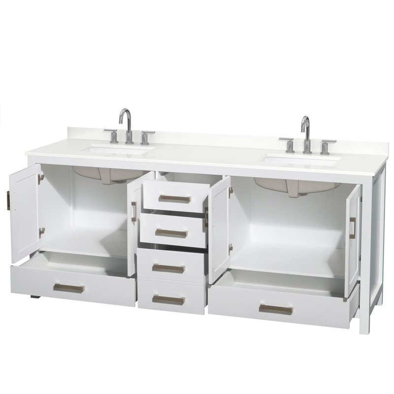 Sheffield 80" Freestanding Double Bathroom Vanity with Quartz Top, White, White Quartz