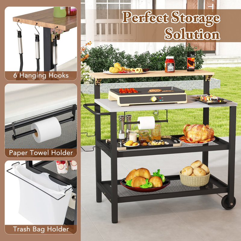  Rolling Bar Cart W/ Flip-up Table Hooks Paper Towel Holder 2 Bistro Stools