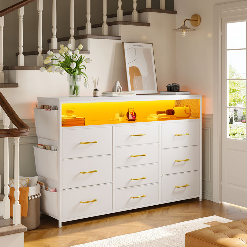 Long Fabric Dresser & TV Stand with LED Lights & Outlets for Bedroom & Living Room, White