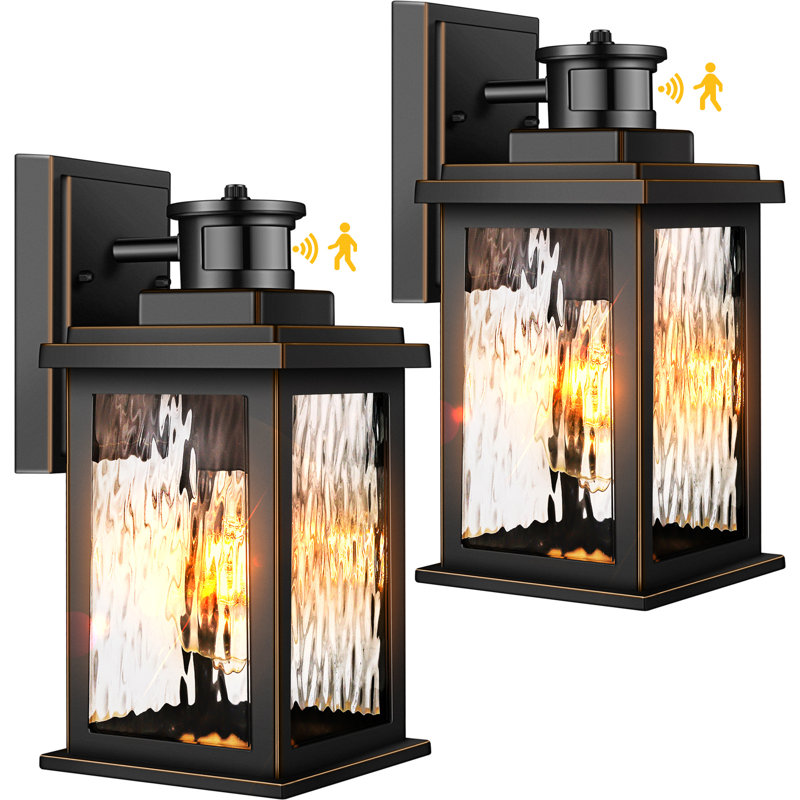 2 Pack Motion Sensor Outdoor Lantern For Front Porch, Dusk To Dawn Led Outdoor Lighting, Black(Gold Trim)